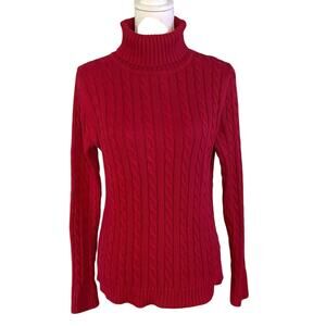 LL Bean Size M Cotton Cable Knit Turtleneck Sweater Red Style 267611